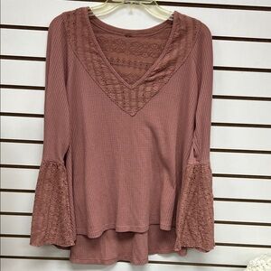 Free People Mauve Lace V-Neck Long Sleeve Top